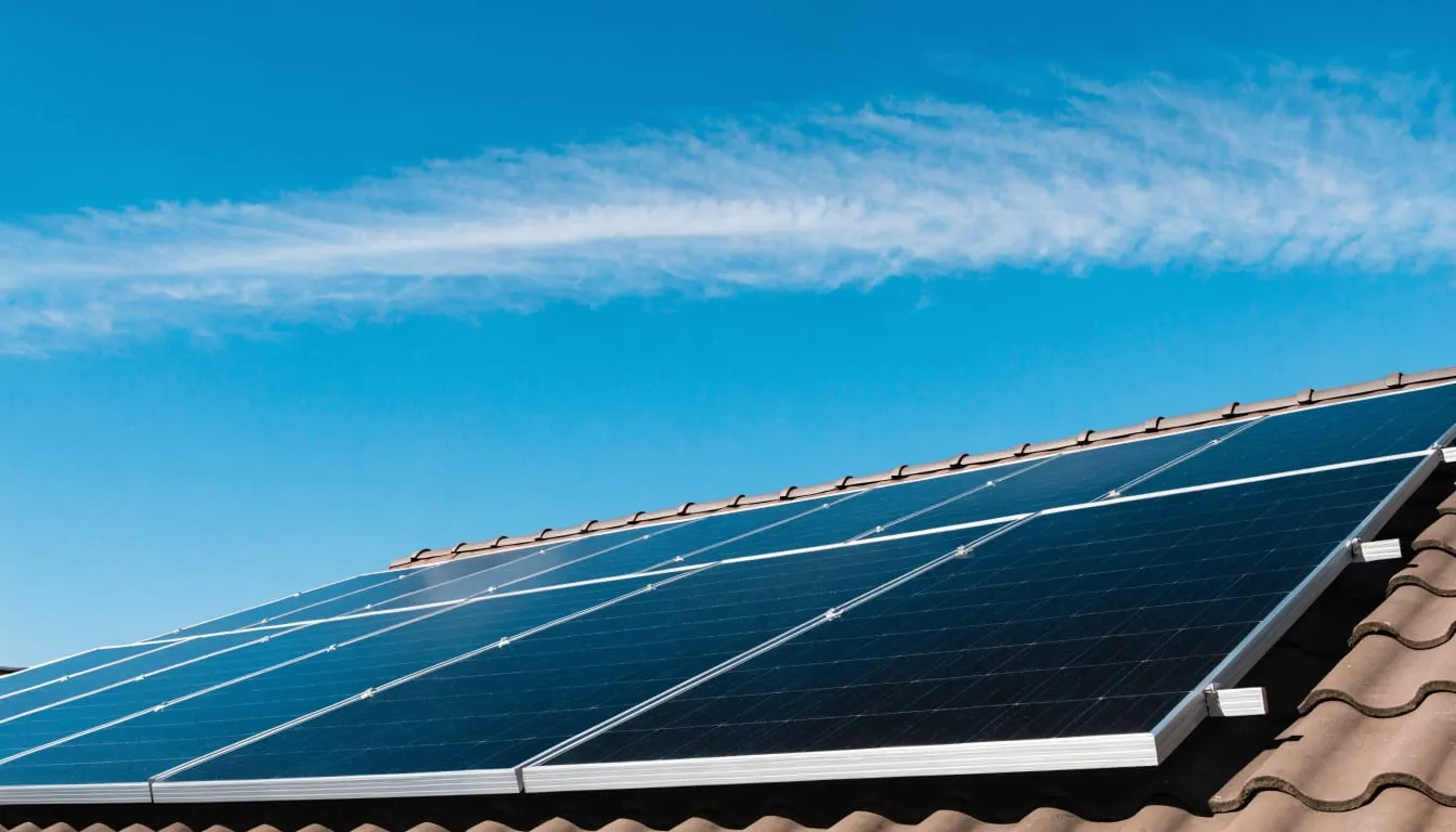Solar panels on a tiled roof against a clear sky.